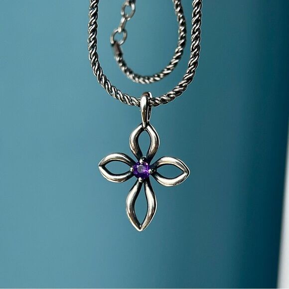 James Avery Remembrance Cross Amethyst Silver and Purple Pendant - Picture 8 of 9